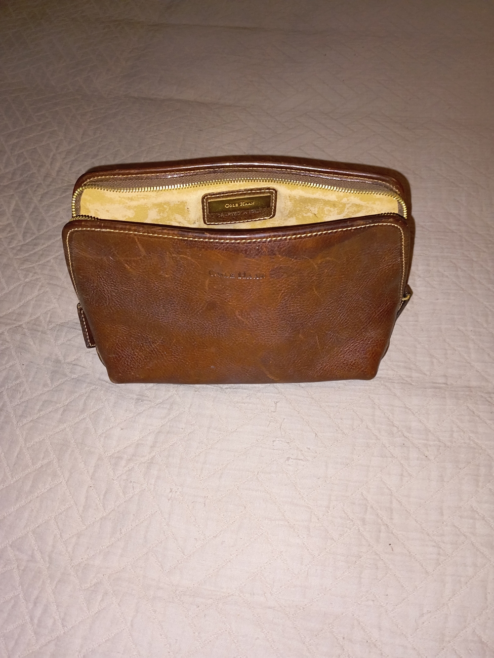 Cole Haan Brown Leather Toiletry Pouch with Gold Hardware